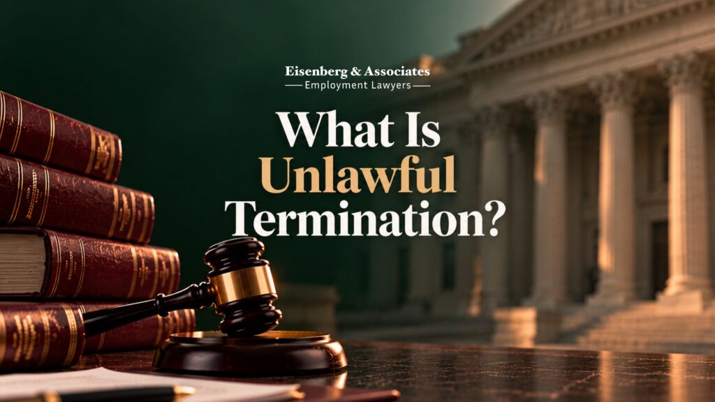 A legal-themed image illustrates Unlawful Termination with a gavel, law books, and a courthouse background