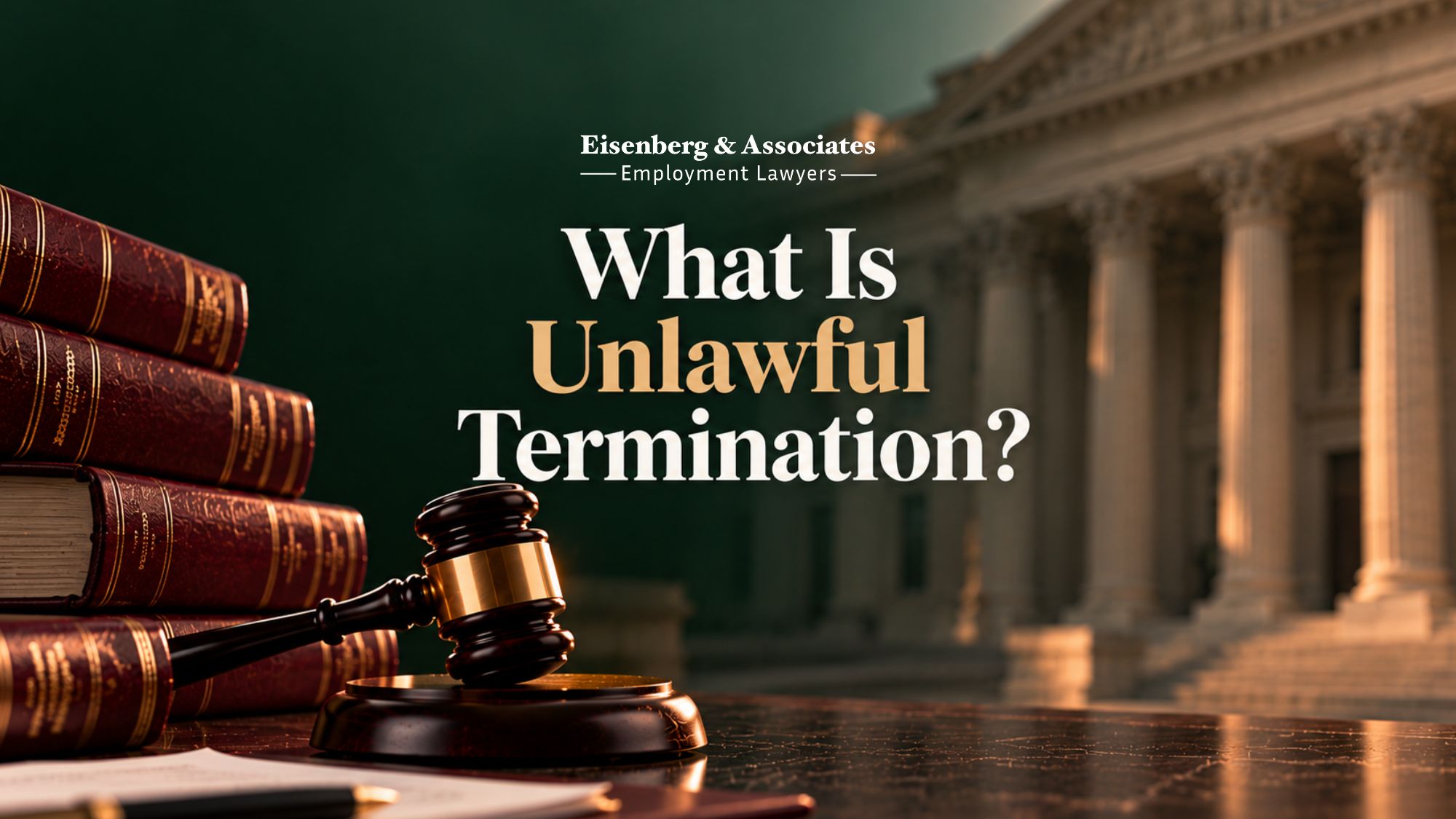A legal-themed image illustrates Unlawful Termination with a gavel, law books, and a courthouse background