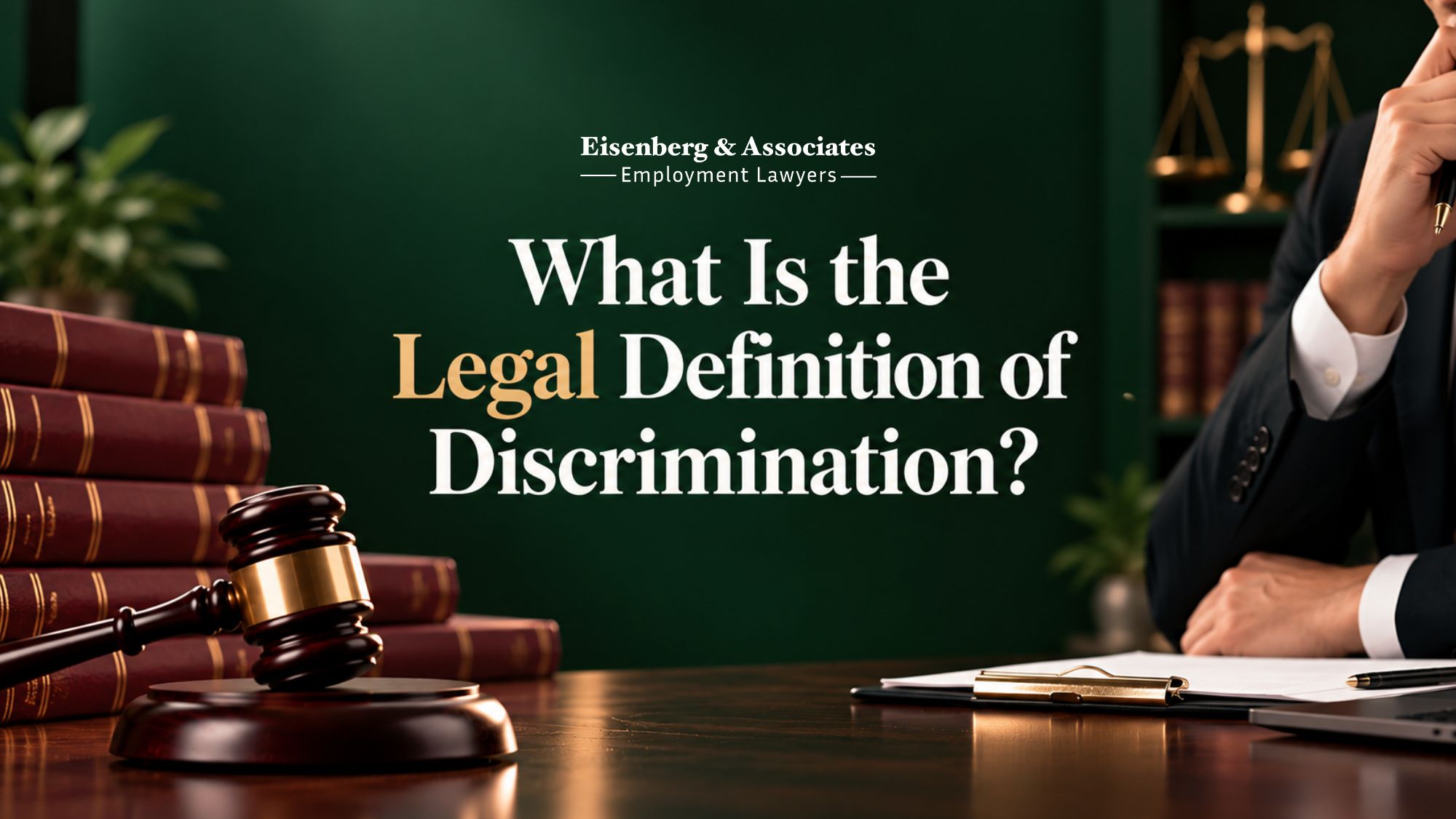 a lawyer, gavel, and law books illustrate the definition of discrimination